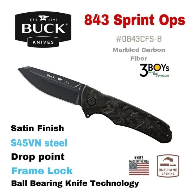 มีด Buck รุ่น 843 Sprint Ops Knife ด้าม Marbled carbon fiber ใบมีดแบบtanto เหล็ก S45VN  สวยงาม น่าสะ