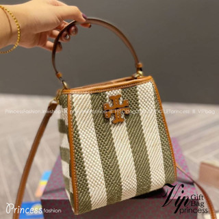 Tory Burch Logo-Plaque Striped Tote Bag - Green / Tory Burch  Bucket Bag คอลเลคชั่นใหม่ รูปแบบคลาสสิคโทนเขียว