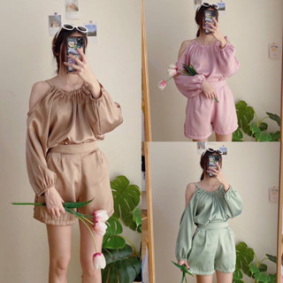 TK2604 ชุดเซตเสื้อรูดคอแขนยาวเว้าไหล่+กางเกงขาสั้น