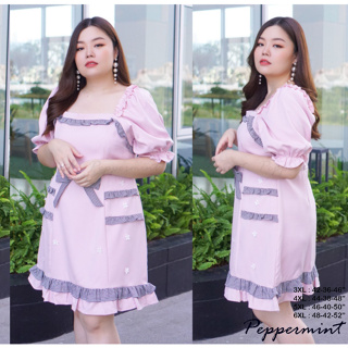 เดรสสาวอวบ สีชมพู แต่งสก๊อต งานพรีเมียม นำเข้า Peppermint Plus Size (435)