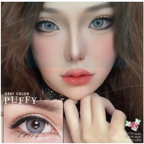 คอนแทคเลนส์ บิ๊กอาย สีเทา ลาย Puffy แบบรายเดือน ขนาด 14.5 เลนส์ปกป้องแสงแดดจากรังสี UVA UVB