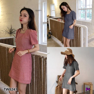 CS8241 มินิเดรสคอเหลี่ยมลายสก็อต Square neck mini dress