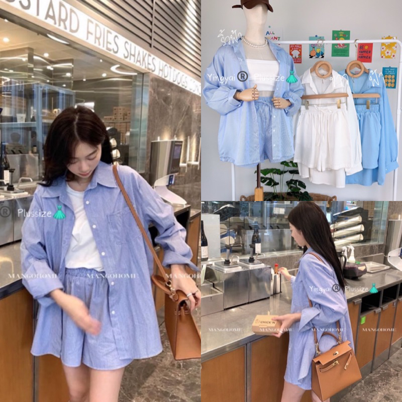 ชุดเซ็ต 2ชิ้น เสื้อเชิ้ตแขนยาว+กางเกงขาสั้นเอวสม็อค ไซส์ใหญ่ สาวอวบ YY