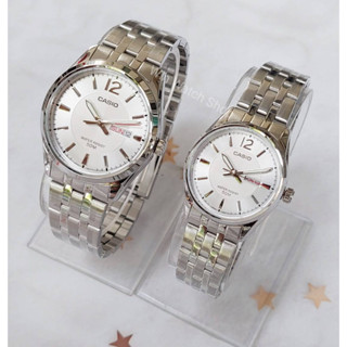 Casio นาฬิกาคู่รัก รุ่น MTP-1335D-7A และ LTP-1335D-7A นาฬิกาข้อมือสายแสตนเลส หน้าปัดขาว ของแท้ 100% รับประกันสินค้า 1ปี