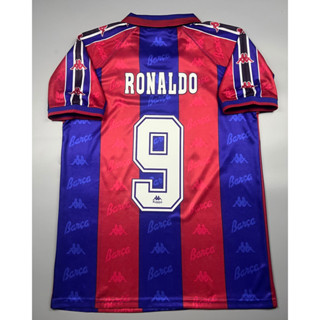 เสื้อบอล ย้อนยุค บาร์เซโลน่า 1997 เหย้า Retro Barcelona Home พร้อมเบอร์ชื่อ 9 RONALDO 1997-98 เรโทร คลาสสิค
