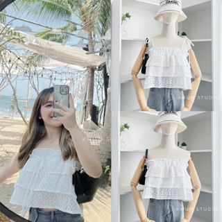 🌟เสื้อสายเดี่ยวระบาย 3 ชั้น ยางยืดตรงอก