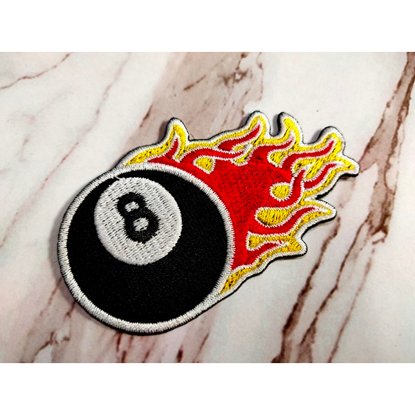 ตัวรีดติดเสื้อ ลายลูกไฟ เปรวไฟ ลูกพูล เบอร์8 Fire Number 8 Pool Ball Patch Embroidered Iron On Sew o