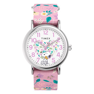 TIMEX TW2V77800 Weekender X Peanuts In Bloom นาฬิกาข้อมือผู้หญิง สายผ้า สีชมพู หน้าปัด 38 มม.