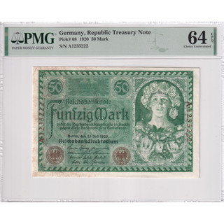 Germany 50 Mark 1920 P 68 Choice UNC PMG 64 EPQ Same Last 3 Digit