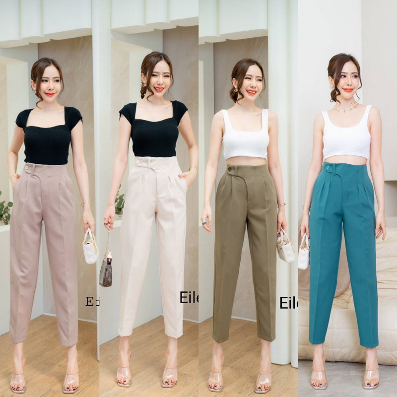 กางเกงขากระบอกเล็กทรงเอวสูงเอวยื่นติดกระดุมสวยเก๋มีสไตล์S-3XL✅