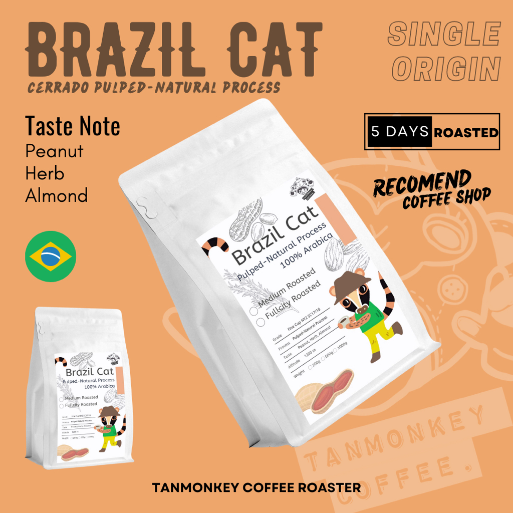 Tanmonkey Brazil Cerrado Coffee Pulped-Natural เมล็ดกาแฟคั่ว คั่วกลางเข้ม (FullCity) ขนาด 500-1000g
