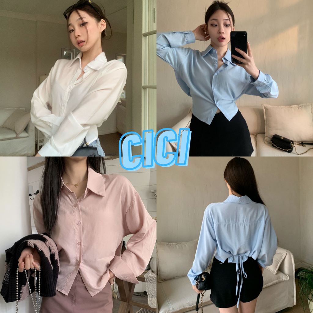 ส่งทันที Cici(NO. 3079)เสื้อเชิ้ตเเขนยาวคอปก เป็นทรงเข้ารูป ดีเทลผูกเชือกด้านหลัง