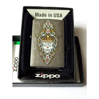 Zippo 28794 jeweled skull. BRUSHED CHROME COLOR IMAGE +LASER ENGRAVE  สีเงิน ผิวโครเมี่ยม   ลายแบบเลเซอร์+สกรีน ของแท้