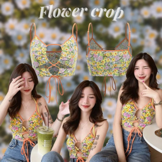 💫พร้อมส่ง💫Shein Flower crop • Y2K เสื้อครอป สายเดี่ยว ลายดอกไม้ แหวกหน้า แหวกอก เชือกรูด สายปรับได้