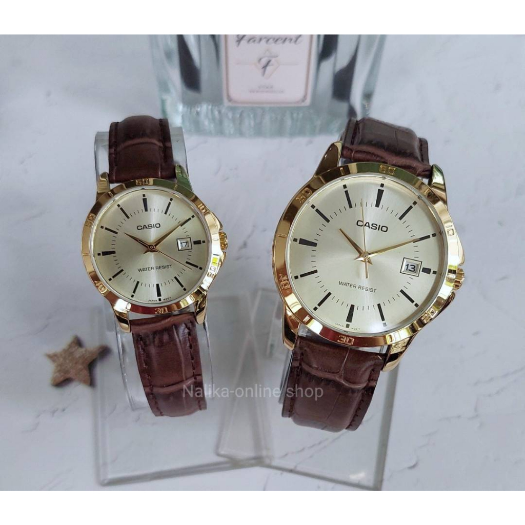 Casio นาฬิกาคู่รัก รุ่น MTP-V004GL และ LTP-V004GL นาฬิกาสายหนัง ขอบหน้าปัดสีทอง-ของแท้ 100% รับประกันสินค้า 1 ปี