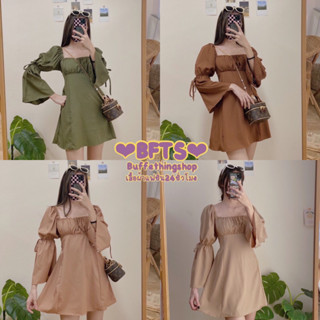 BFTS🧡 พร้อมส่ง WE2706 LOVE DRESS มินิเดรสแขนบอลลูนแต่งโบว์เล็กๆที่แขน ด้านหลังสม็อคยางยืด