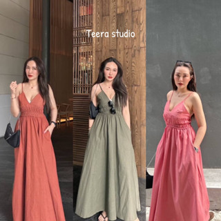 Teera❤️พร้อมส่ง✨เดรสยาวผ้าลินินหนา วีอก ช่วงเอวยางยืดรอบตัว สายเดี่ยวปรับความยาวสายเองได้