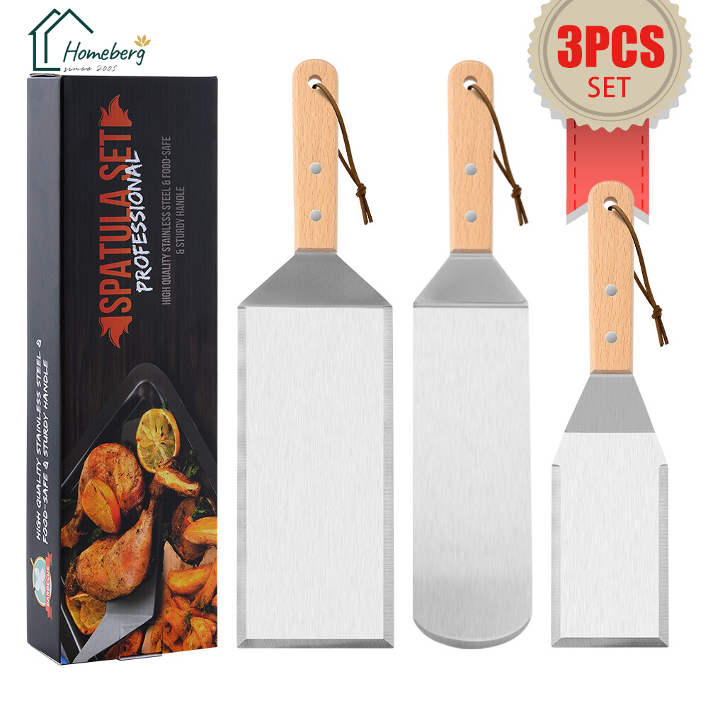 ชุดเครื่องมือ 3 ชิ้น เกรียง ผัด ตะหลิวญี่ปุ่น ตะหลิวทำเทปันยากิ spatula ไม้พายสแตนเลส ไม้พายทำอาหาร BBQ แคมป์ปิ้ง