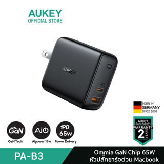 AUKEY PA-B3 Black หัวชาร์จเร็ว Omnia Mix 65W Dual PD Wall Charger with GaN Tech for iPhone 13 Pro Max ใช้สำหรับ iPhone 13 / Laptop / Notebook จ่ายไฟสูงสุด 65W รุ่น PA-B3-Black