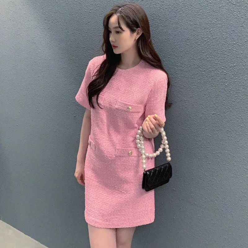 พร้อมส่ง 3สี เดรสสั้นผ้าทอ เดรสทำงาน D170