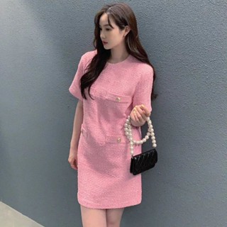 พร้อมส่ง 3สี เดรสสั้นผ้าทอ เดรสทำงาน D170