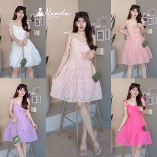 Mini Dress เดรสผูกไหล่ เจาะอก ด้านหลังสม๊อค รุ่นนี้ไม่ควรพลาดบอกเลย เนื้อผ้าออแกนดี้ลายตาราง