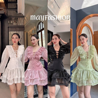 MAYFASHION เดรสสั้นแต่งระบาย ช่วงด้านหน้าดีเทลผูกโบว์น่ารักๆ ด้านหลังเว้าหลังผูกโบว์ ซิปหลัง งานมีซับใน กระโปรง2ชั้น