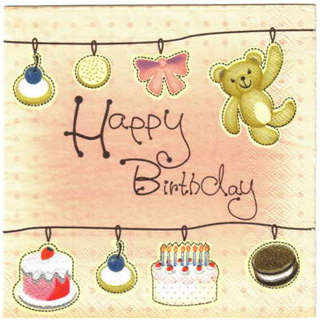 Pladao Napkin ภาพ Happy Birthday Teddy Bear กับเค้กวันเกิด กระดาษแนพกิ้น สำหรับงานศิลปะ เดคูพาจ decoupage ขนาดL 33x33