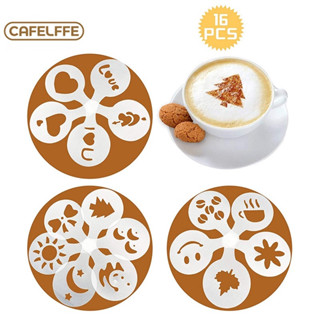 Cafelffe 16 ลายฉลุสำหรับตกแต่งกาแฟ，แม่พิมพ์ตกแต่งกาแฟสร้างสรรค์,แม่พิมพ์ตกแต่งสำหรับลาเต้และคาปูชิโน่，สำหรับมูสทุกชนิด,คัพเค้ก,เค้กวันเกิด