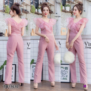 CS11610 จั๊มสูทยาวอกแต่งระบายผ้าแก้ว Long jumpsuit decorated with ruffled glass fabric.