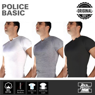 Police เสื้อยืดทรง Slim Fit คอวี รุ่น BASIC ไม่มีสกรีน สี ขาว ดำ เทา (1028)