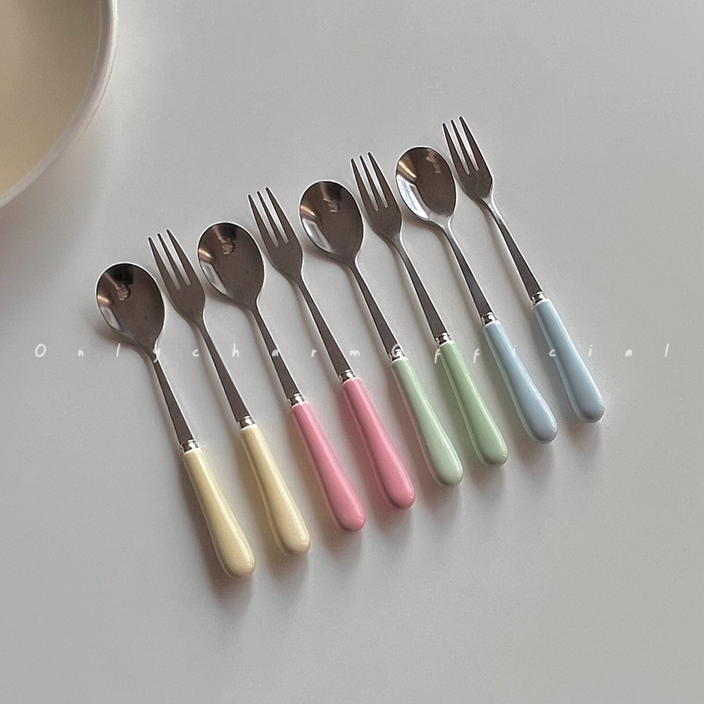 พร้อมส่ง ช้อนส้อมพาสเทล ด้ามจับเซรามิค ช้อนส้อมขนม