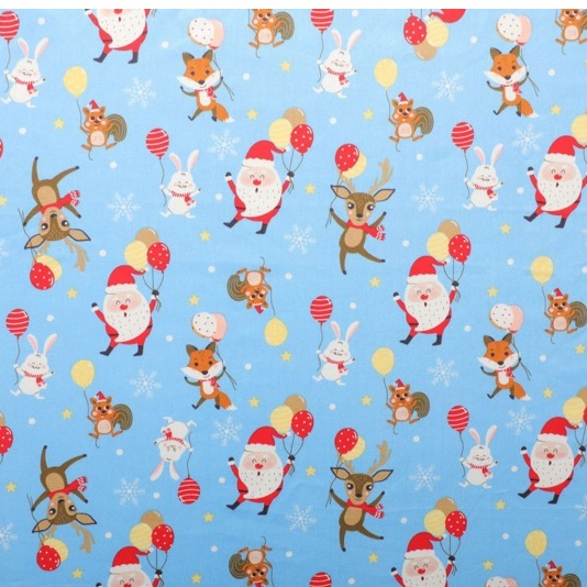 ผ้าคอตตอน 100%  พิมพ์ลาย เท็ดดี้ กวาง ซานตาคลอส  คลื่นเหลือง ทอทวิล หน้ากว้าง 160 ซม.หรือ 63 นิ้ว