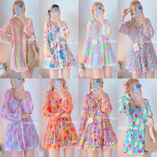 mini dress เสื้ออัดพลีท  เสื้อเชิ้ต​​ มินิเดรสแขนยาว​ เล่นระดับ​ ผ้าชีฟอง แขนยาว ใส่เที่ยว