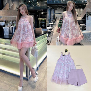 มินิเดรสสายจิ๋ว เดรสผ้าลายดอก3Dพร้อมกางเกงขาสั้น Miraly