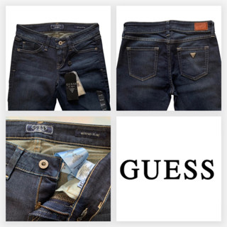 Guess(เกสส์) GS38 กางเกงขายาวผู้หญิง ขาบาน ยีนส์สีเข้ม ผ้ายืด ป้ายหนังสีน้ำตาล ปักเหล็ก