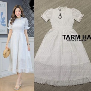 เดรสขาวงานบุญ!!! S-6XL Maxi Dress เดรสสีขาวผ้าฉลุลายแขนพอง งานป้าย Tarm Ha