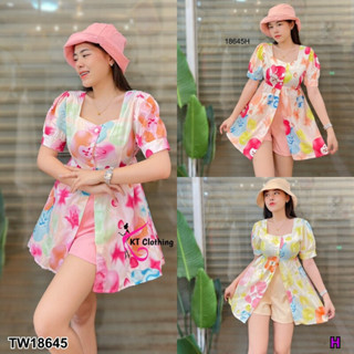 MM18645 set 3 ชิ้น เสื้อผ่าหน้า + กางเกงขาสั้น + หมวก	set 3 pieces: front slit shirt + shorts + hat