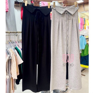 Wstudio Bay pants 💕ขอบเอวพับ มีสายผูก เพิ่มลูกเล่น  ตีเกร็ด ขากระบอกหลวม