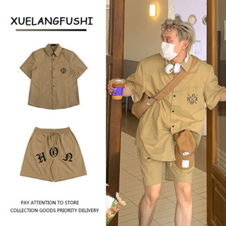 💥ทูพีซ💥 2023 ซัมเมอร์สูท เสื้อเรโทรอเมริกัน ลายปัก เสื้อสีกากี+กางเกงขาสั้น