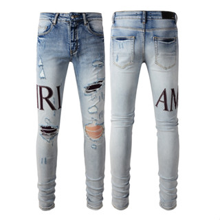 New Amiri Jeans for Men Personality Trend Retro Worn Hole Slim Straight Mens Trousers