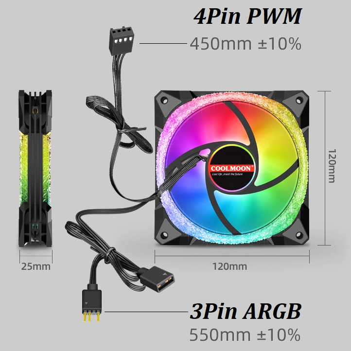 พัดลมเคส Coolmoon Magic Diamond AS2 ARGB 3pin 5V, 4pin PWM 120mm. 1800RPM