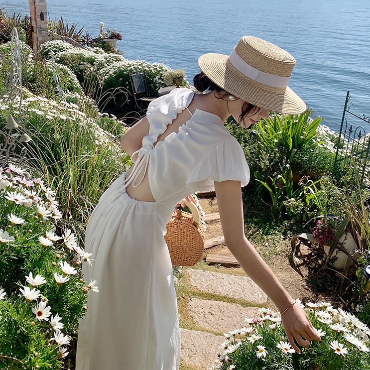 KN-5015 พร้อมส่ง ชุดเดรสยาว สีขาว แขนบอลลูน เปิดหลัง น่ารัก สไตล์เกาหลี Maxi White Dress