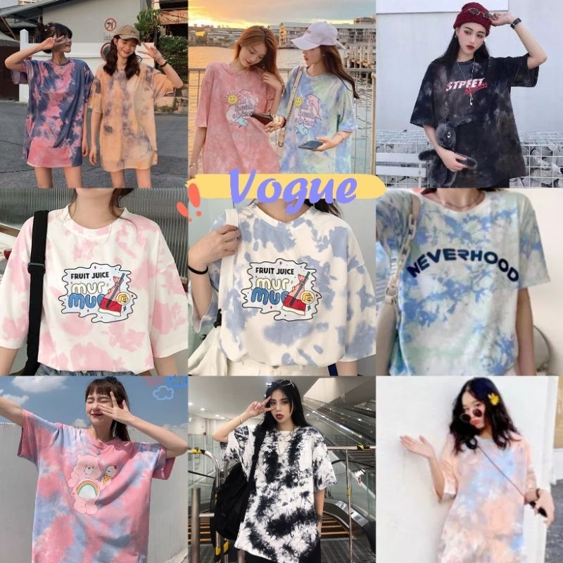Vogue พร้อมส่ง เสื้อยืดโอเว่อไซส์แขนสั้นมัดย้อมลายการตูน (LC39)
