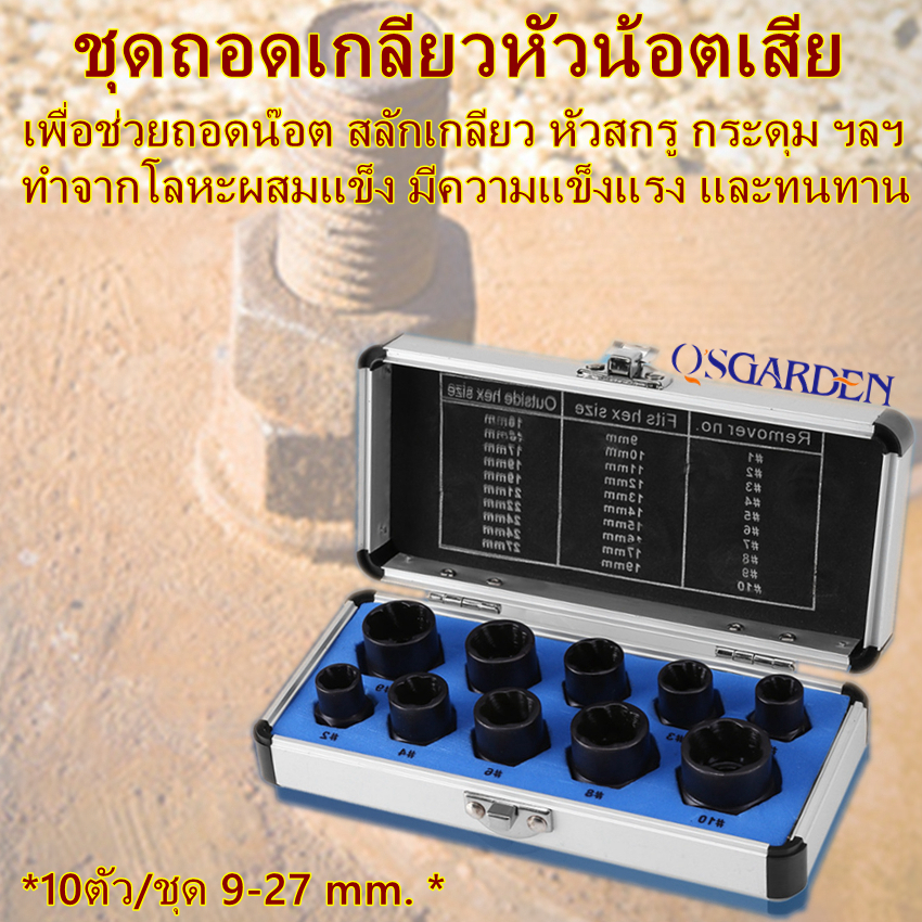 ชุดถอดเกลียวหัวน้อตเสีย 10ตัว/ชุด สำหรับ ถอดน็อค หัวเหลี่ยม หัวจม ทุกชนิดที่มีหัวโผล่ออกมา ลูกบล็อกถ