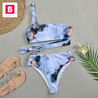 BikiniFC🧸 (ไซส์ L) SB259 ชุดว่ายน้ำทูพีช ลายหินอ่อน สีฟ้า เปิดไหล่ มีฟองน้ำเสริม