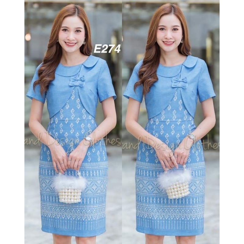 เดรสผ้าไทย เดรสงานป้าย มือ1 Elgrand ป้ายติดS  แพทเทิน M