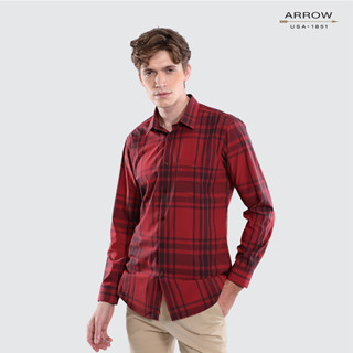 ARROW Bamboo SHIRT -สัมผัสนุ่ม สวมใส่สบาย ระบายอากาศดี - เสื้อเชิ้ตทำงานแขนยาว ลายตารางสีแดง ทรง SLIM FIT รหัสMACS108S3BSRE