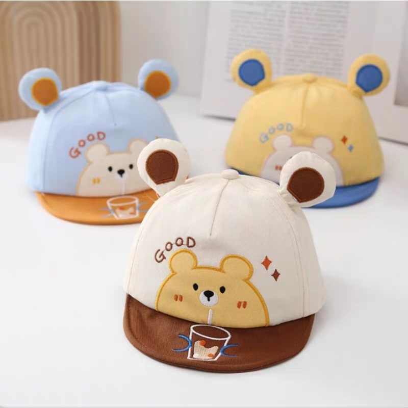 [พร้อมส่ง] หมวกเด็ก 3เดือน-2ปี รอบหัว:46-48 cm. ปักลายการ์ตูนหมี สีทูโทน หมวกแก๊ป