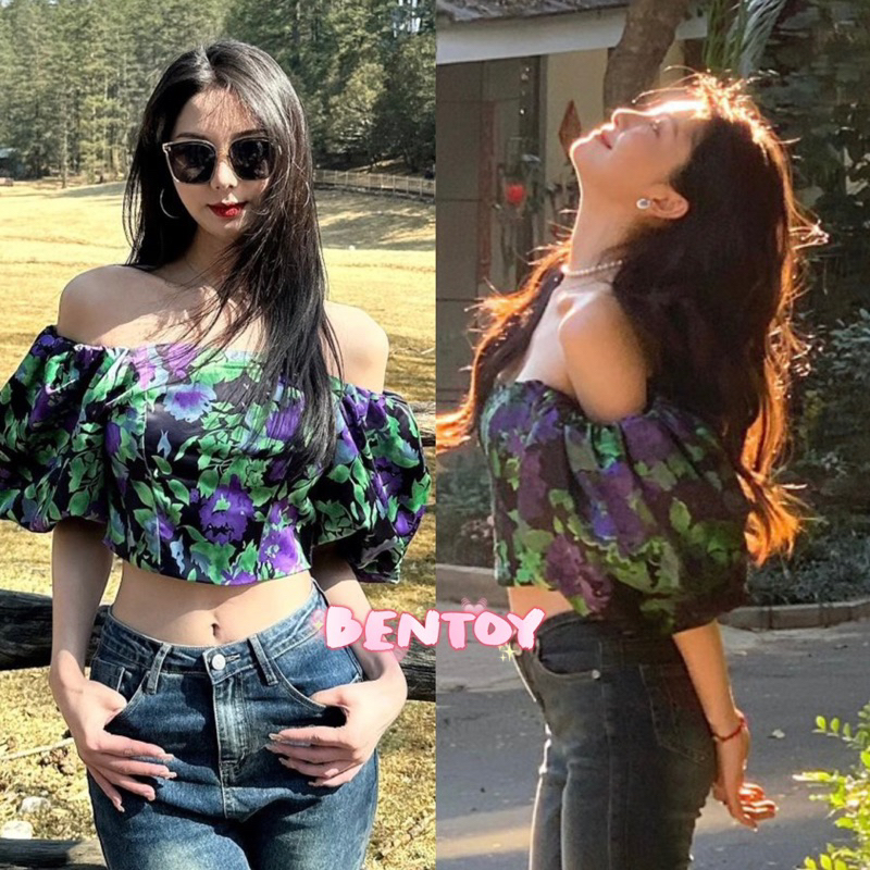 Bentoy(912)เสื้อครอป เปิดไหล่ ลายดอกไม้ สีเขียว สวยมาก สม็อกหลัง รัดรูป พอดีตัว